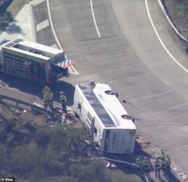 Brett Andrew Button faces 89 charges over the late-night bus crash in the NSW Hunter Valley last June.  The picture shows the scene of the accident the day after