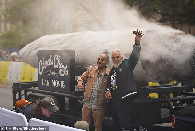 The display was towed down the street by a shiny black car and included a sign advertising Cheech and Chong's documentary