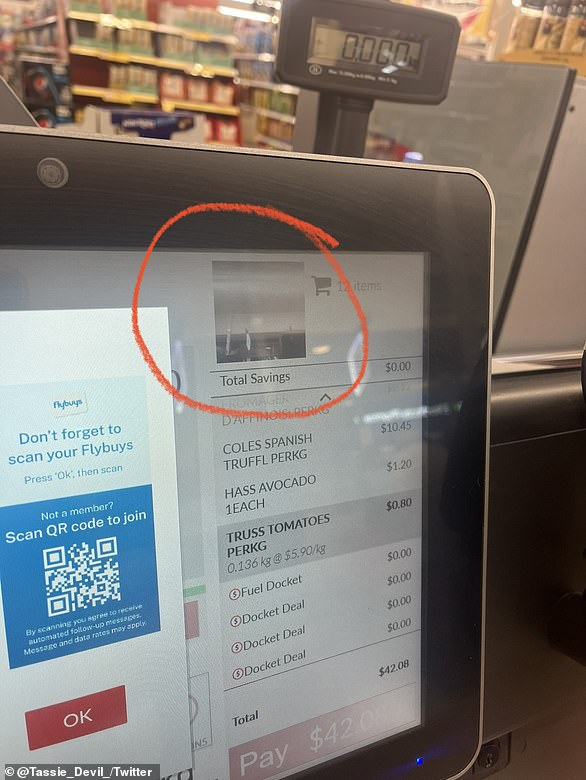 A shopper was scanning her groceries at a self-service checkout over the weekend when she noticed a picture of herself had appeared in a small square in the upper-right corner (pictured) of the screen.