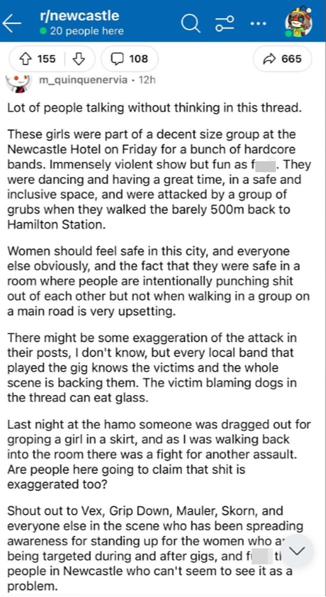 The Newcastle music scene is furious over rumors of the alleged attack, a woman said