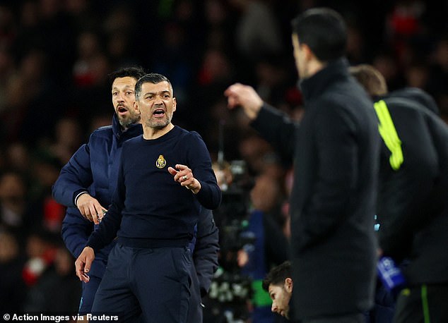 Arteta and his counterpart Sergio Conceicao (above) were involved in a heated confrontation after the final whistle.