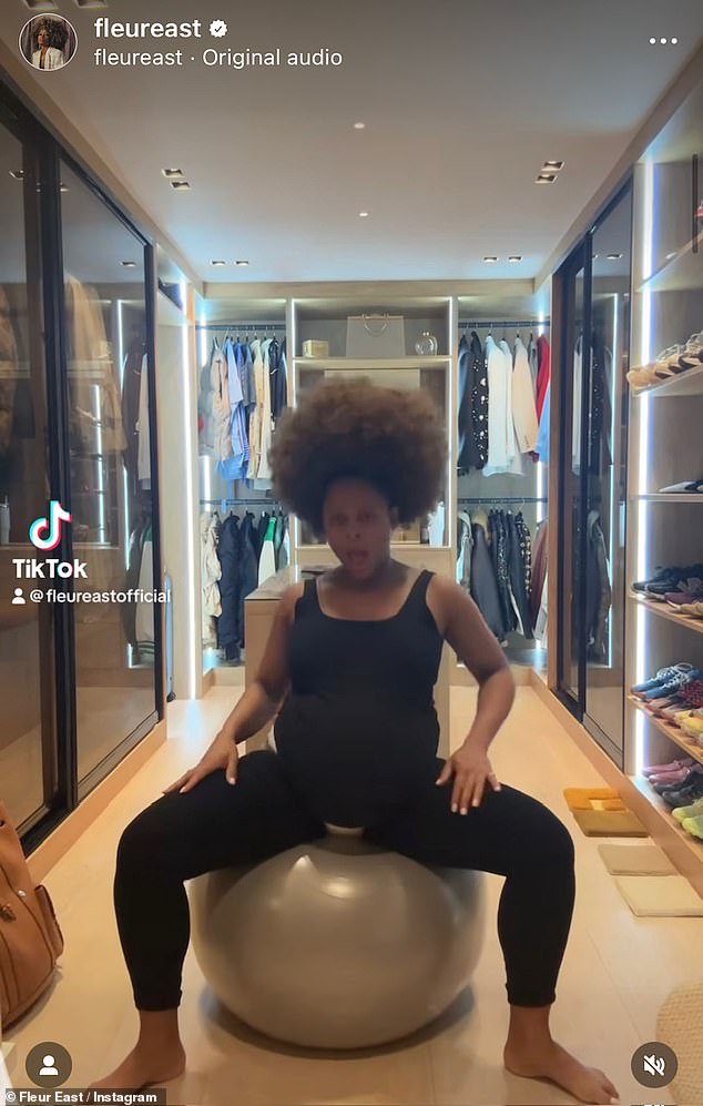 Fleur then took to her Instagram again on Tuesday to share a very different clip, which showed her bouncing on an exercise ball, while wearing a maternity pad.