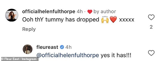 Her followers flooded the comments with praise for the star's humor and impressive moves, with one adding: 'Oh that belly has dropped xxxxx', to which Fleur replied: 'Yes it has!!!'