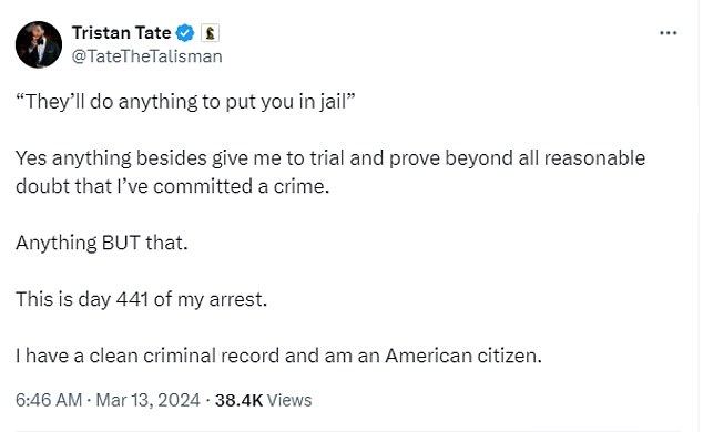 Andrew Tate's brother Tristan took to social media to criticize the decision to arrest him and extradite him to the UK.