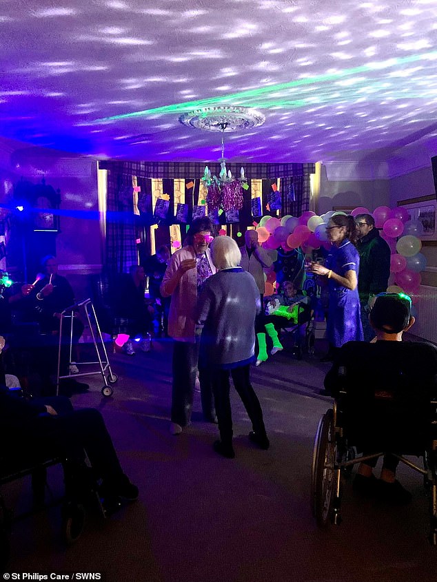 Chestnuts Residential Home in Grimsby, Lincolnshire, turned one of their rooms into a club by decorating it with neon balloons, flashing lights and glow sticks