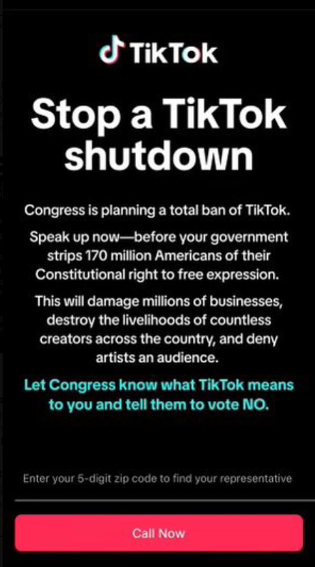 TikTok sent this message to users last week after the bill was introduced