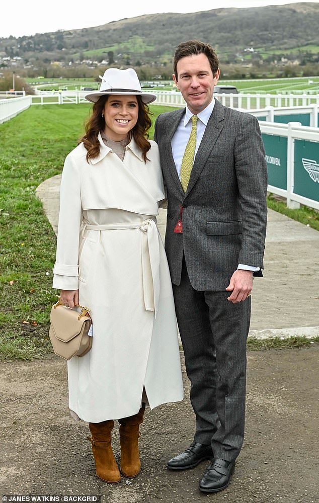 Princess Eugenie looked chic and sophisticated in a white wrap coat which she wore over an oatmeal midi dress