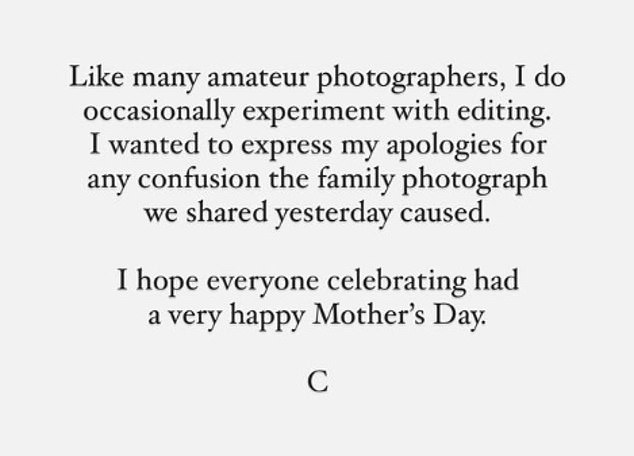 The Princess of Wales stated on Instagram that she had been responsible for editing the photo, while issuing an apology for 'any confusion the photograph caused'