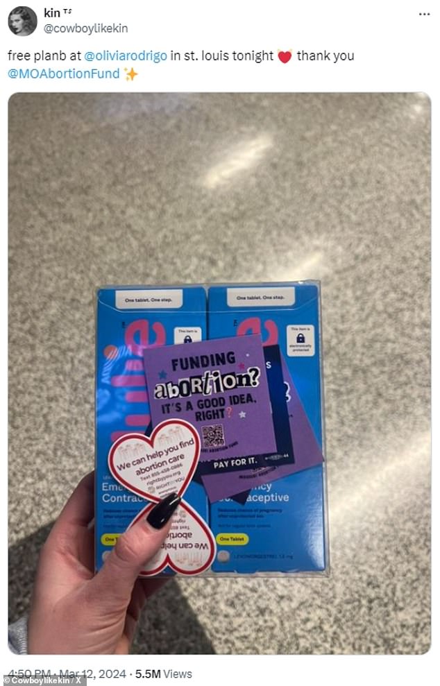X user @cowboylikekin tweeted a snap of her emergency contraception and thanked the Missouri Abortion Foundation for handing it out to her at the 18,096-seat arena
