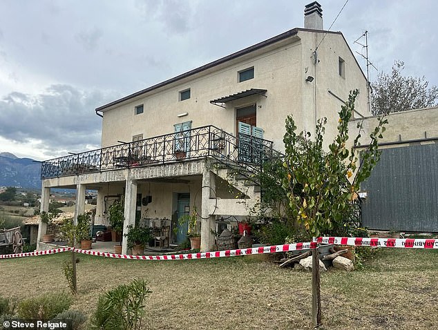 Michele Faiers, 66, was found lying in her first-floor room in a pool of blood by her friend inside her rural home in a village near Casoli, a town in eastern Italy. In the photo: the house with police tape surrounding it.