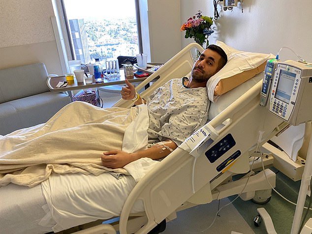 Faratzis pictured in hospital during his treatment for stage four colon cancer