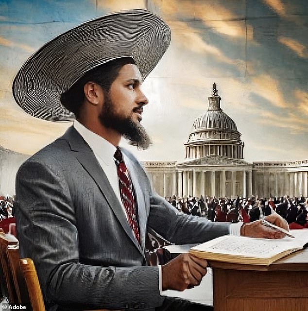 In an image generated by this request, a man of color is seen sitting in the Assembly Hall wearing what appears to be a sombrero while writing Legislature with Capitol Hill in the background