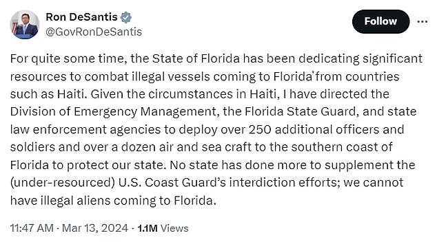 The details of the deployment were detailed by DeSantis' office after the failed GOP candidate went to X to announce the operation.  It will consist of 48 National Guardsmen and four helicopters