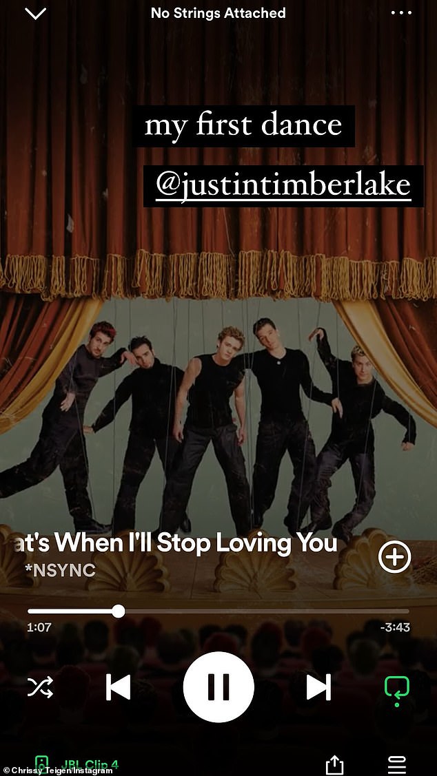 Chrissy also shared a screenshot of NSYNC's 2000 song That's When I'll Stop Loving You, writing 'my first dance' while tagging Justin.