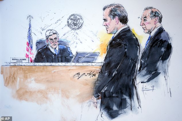 In this courtroom sketch, President Joe Biden's son Hunter Biden, center, with attorney Abbe Lowell, right, appears before Judge Mark C. Scarsi, left, in federal court, Thursday, Jan. 11, 2024, in Los Angeles. Biden pleaded not guilty to federal tax charges
