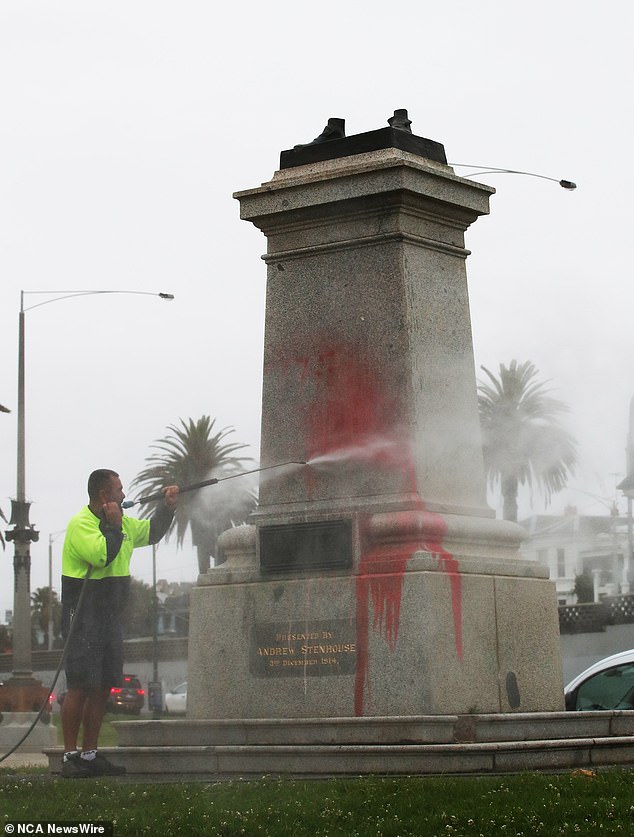 A Captain Cook statue was sawed off and vandalized at St Kilda in Melbourne, 24 hours before Australia Day