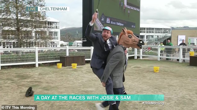 The presenters were joined by reality star-turned-sports presenter Chris Hughes (under the horse mask) as they headed to the racecourse for the day