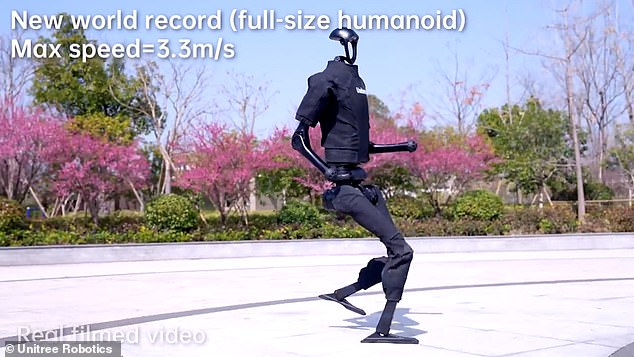 The H1 robot is capable of reaching a top speed of 7.4 miles per hour (3.3 meters per second) in the footage.