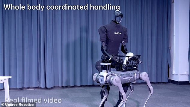 The video shows how the H1 could be useful for unloading or packing, as it takes a basket from another four-legged robot and carries it to a table.