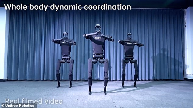 The footage also shows the robot's coordination as three H1s perform a strange choreographed dance.