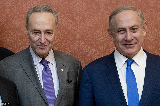 Schumer is pictured with Netanyahu in 2017. He said in his speech: 'As a lifelong supporter of Israel, it has become clear to me: the Netanyahu coalition no longer fits Israel's needs after October 7.'