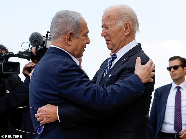 US President Joe Biden is welcomed by Israeli Prime Minister Benjamin Netanyahu as he visits Israel amid the ongoing conflict between Israel and Hamas, in Tel Aviv, Israel, on October 18, 2023