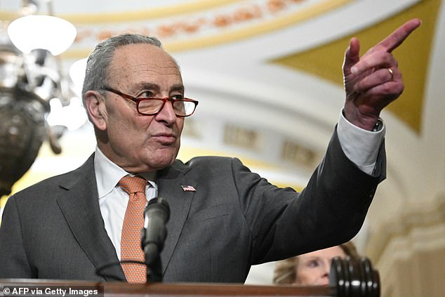 U.S. Senate Majority Leader Chuck Schumer, Democrat of New York, speaks to the press after the Democratic Weekly Luncheon at the U.S. Capitol in Washington, DC, March 6, 2024