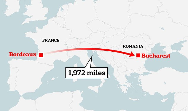 Covering a total of 1,972 miles (3,173 kilometers), the bus travels through parts of France, Italy, Slovenia and Hungary on the journey from Western Europe to Eastern Europe.