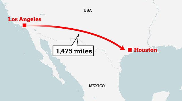 This 1,475-mile (2,374 km) trip passes through four US states: California, Arizona, New Mexico, and Texas.