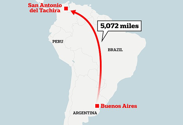 This Líneas de los Andes bus service travels 8,162 kilometers (5,072 miles) in five days and five hours and passes through six countries: Venezuela, Colombia, Ecuador, Peru, Chile and Argentina.