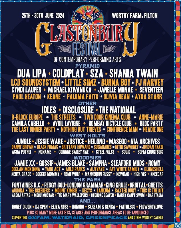 Glastonbury Festival will take place at Worthy Farm in Somerset from Wednesday June 26 to Sunday June 30.  This morning it was revealed that Dua Lipa, Coldplay and SZA will headline the iconic event, with Shania Twain performing Sunday's legendary slot.