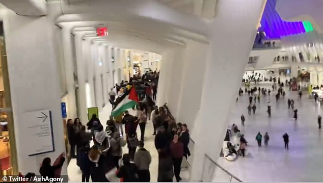 Once inside, the Oculus protesters formed a drum circle and chanted 'Gaza' and 'Shut it down'