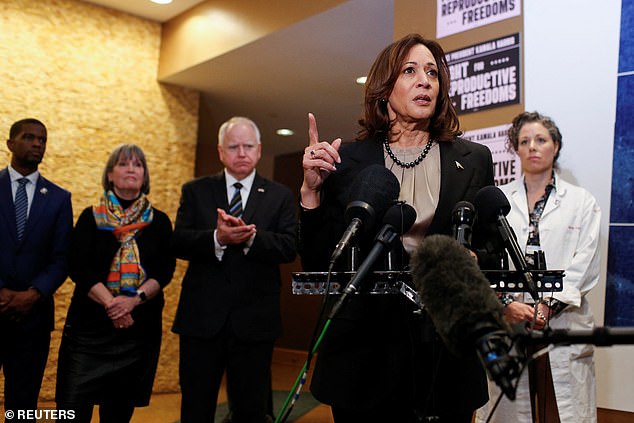 Harris speaks to reporters after visiting the abortion clinic in Minnesota