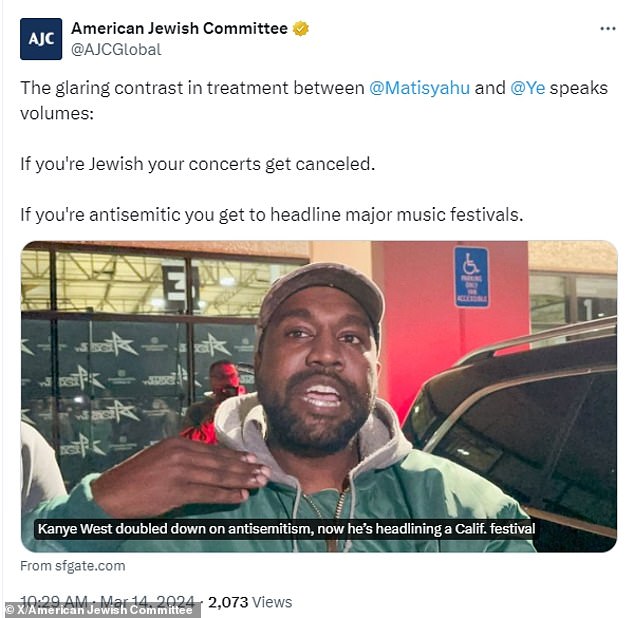 The American Jewish Committee has blasted support for the 46-year-old rapper, who goes by the name 'Ye', at a time when anti-Semitic incidents are on the rise in America