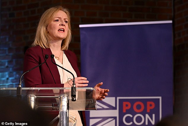 The Popular Conservatism group - dubbed 'PopCons' - has been formed by allies of former Prime Minister Liz Truss. Pictured: Liz Truss speaking at the launch of the 'PopCon' movement on February 6