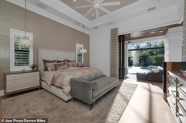 The master bedroom creates an airy respite in the sprawling, high-tech property