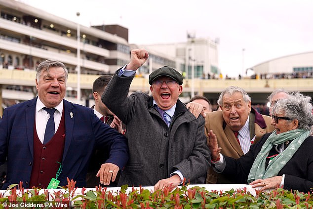 Sir Alex Ferguson, owner of Monmiral, celebrates with Alan Halsall (background) and Sam Allardyce (left) after watching his horse win the Pertemps Network Final,