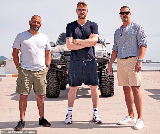 Filming was suspended on the latest series of Top Gear following the crash (pictured: Flintoff with co-presenters Chris Harris, left, and Paddy McGuinness, right)
