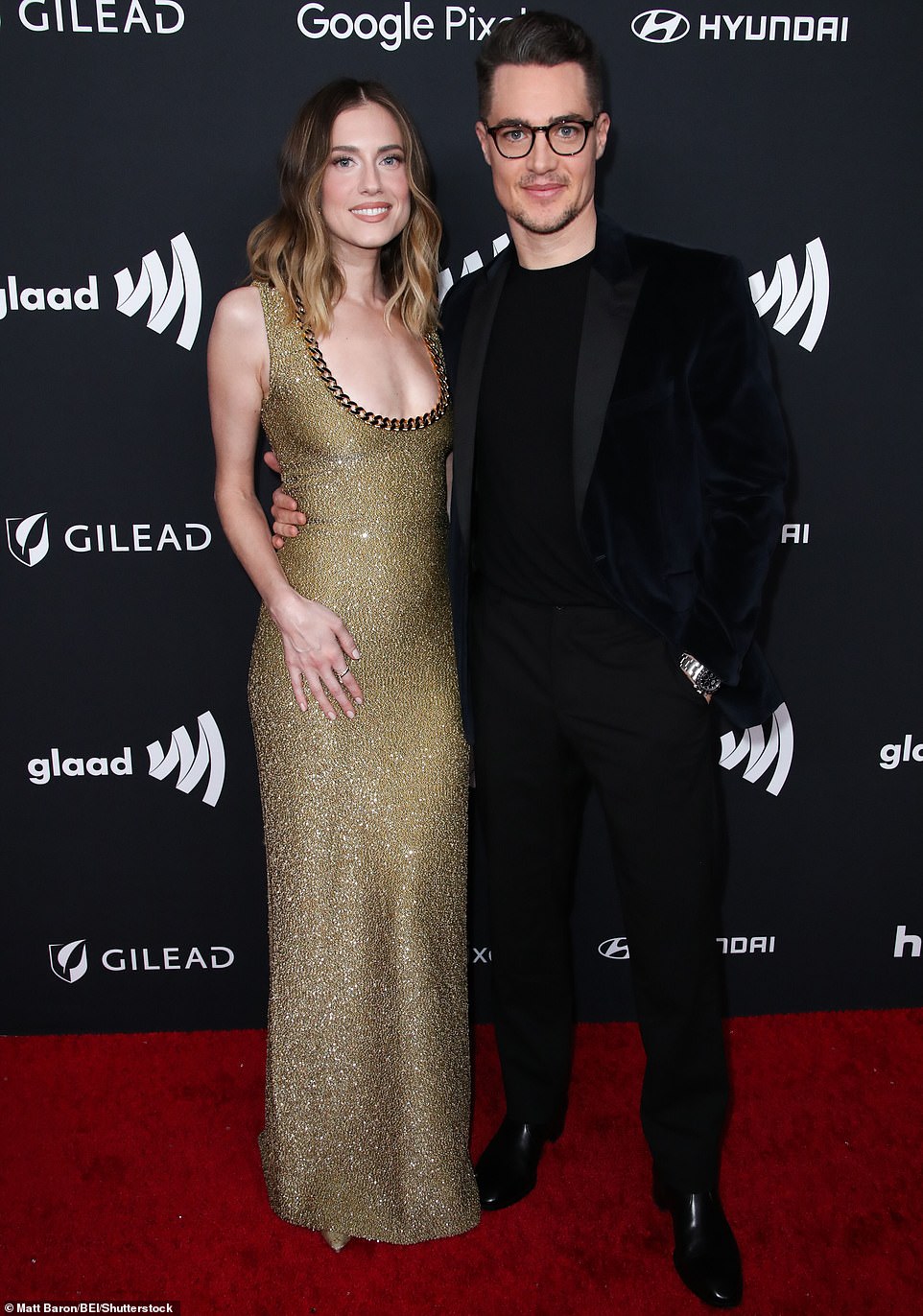 Get Out actress Allison Williams, who starred in the HBO sitcom Girls alongside Lena Dunham, draped her willowy frame in a sheer gold dress as she posed with her fiance Alexander Dreymon