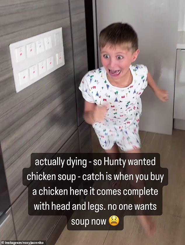 The 43-year-old PR guru posted a short clip on Instagram showing her terrified son Hunter, 10, running in fear from their kitchen. The blonde beauty captioned the clip with some funny words: 'Actually dying. So Hunty wanted chicken soup. 'The catch is when you buy one "chicken" here it comes complete with head and legs. Nobody wants chicken soup now'