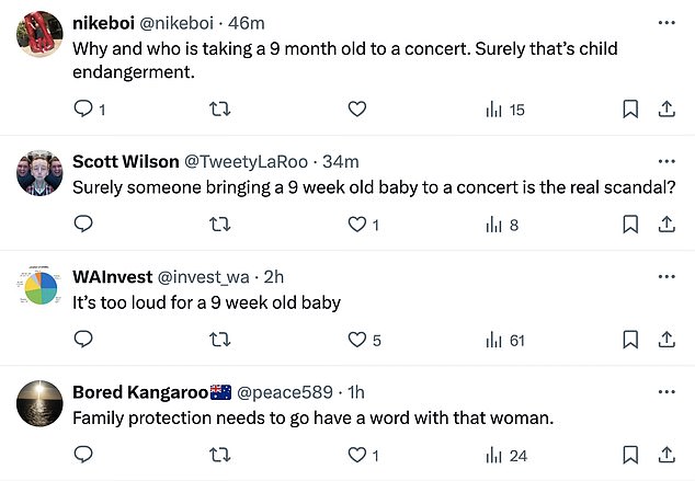 'Is someone bringing a nine-week-old baby to a concert the real scandal?' one wrote on X