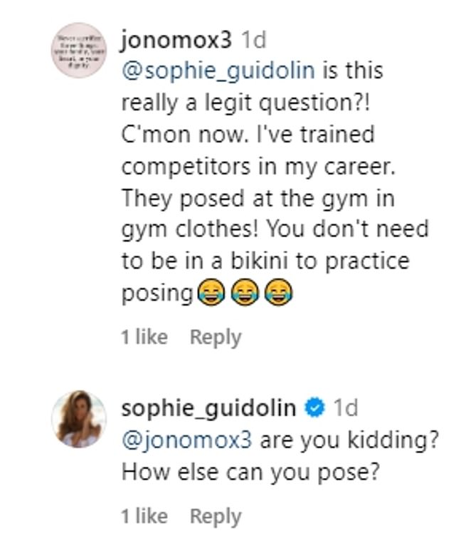 Another naysayer added: ''It's one thing to wear your bikini/thong on stage during a competition. I think it's another thing parading/posing in it around your house.' Sophie has since hit back at this user, replying in a comment: 'How would you suggest practicing for the scene? A training kit?'