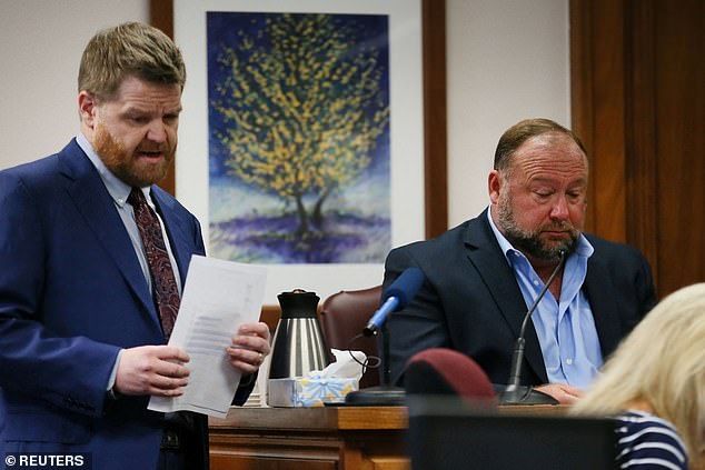 Bankston questions Alex Jones about text messages during the trial at the Travis County Courthouse