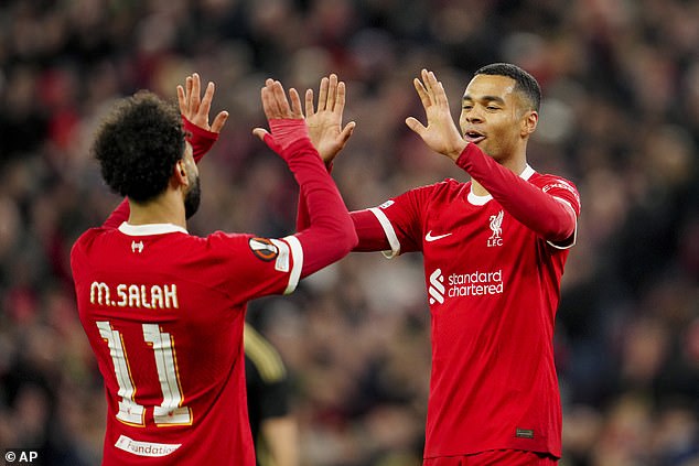 Salah (left) provided an assist for Cody Gakpo (right) during the match, and the Egyptian also assisted Bobby Clark and Dominik Szoboszlai.