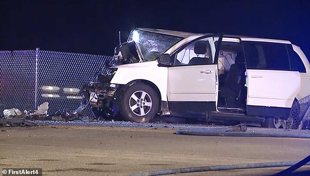 Bracho's Dodge minivan is seen with a crumpled hood after the fatal car crash