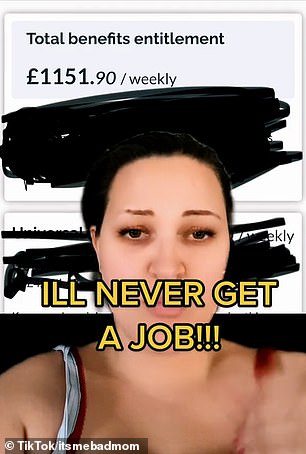 Another video (pictured), believed to be a parody, shows a woman showing a weekly benefit entitlement of £1,151 a week and saying: 'Someone tell me why I would get a job when it's my weekly universal credits I get? '