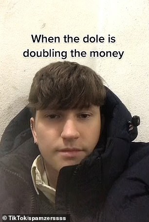 A TikTok video (pictured) shows a group of young people nodding their heads to music with the text: 'When the dole doubles the money'