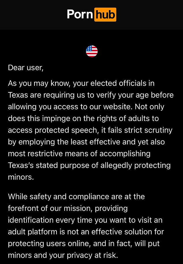 The message that greets users trying to access Pornhub in Texas