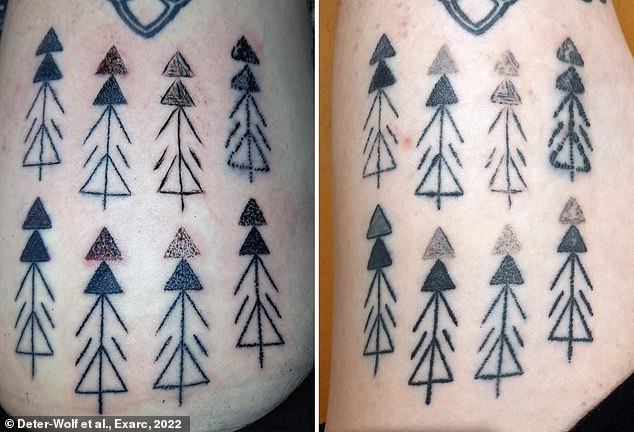 Using four different tattoo techniques, they replicated Ötzi's tattoos on Danny Riday's leg. he allowed them to heal and then compared them to the ancient originals. Pictured are tattoos on Riday's leg the day they were done (left) and six months later (right).
