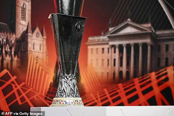 The trophy is displayed before the draw for the quarter-finals and semi-finals of the UEFA Europa League 2023-2024 football tournament at the House of European Football in Nyon, on March 15, 2024. (Photo by Fabrice COFFRINI / AFP) ( Photo by FABRICE COFFRINI/AFP via Getty Images)